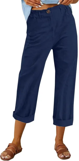 Summer Capri Pants for Women 2025 Trendy Lightweight Linen Cropped Trouser Beach Casual Cruise Clothes with Pockets