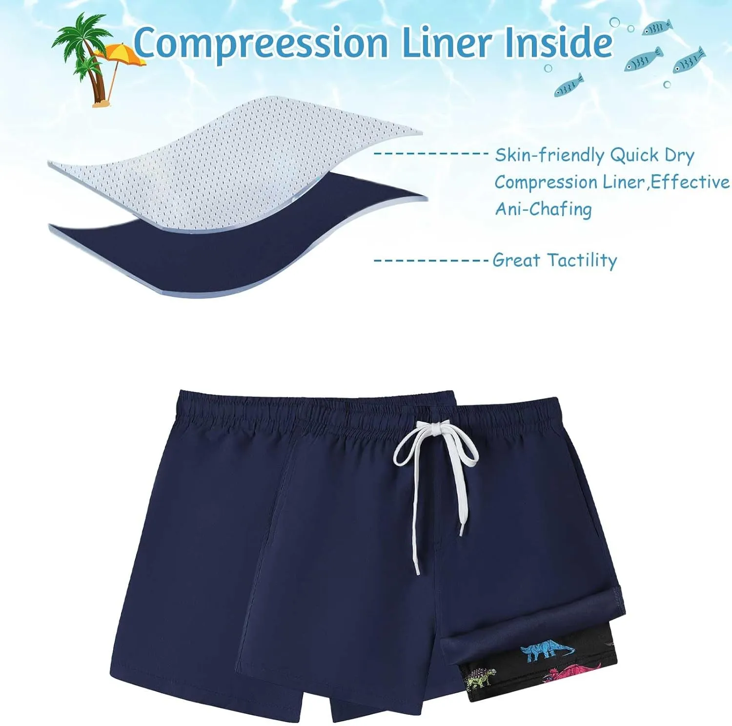 Swim Trumks for Boys 2 in 1 Bathing Suit Compress Board Shorts for 7-18T