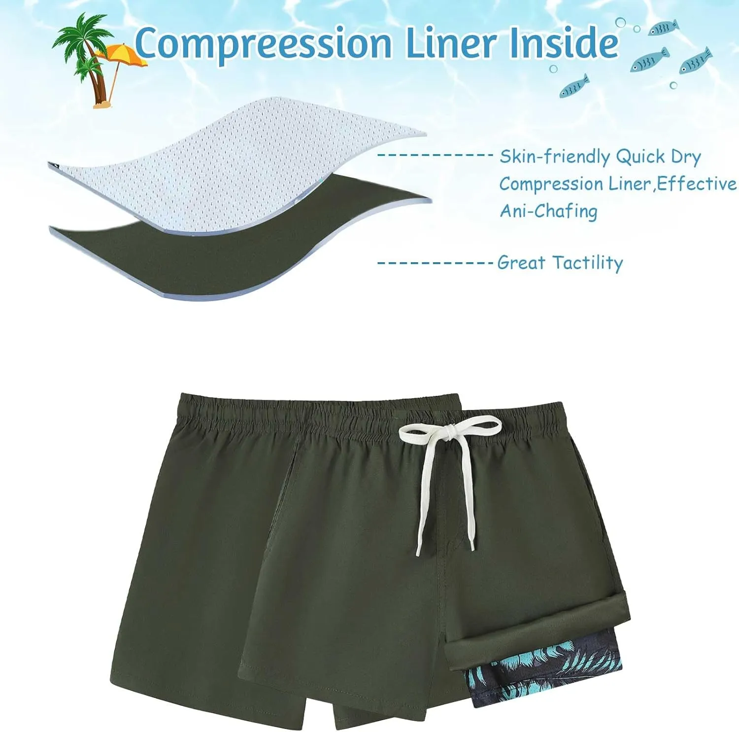 Swim Trumks for Boys 2 in 1 Bathing Suit Compress Board Shorts for 7-18T