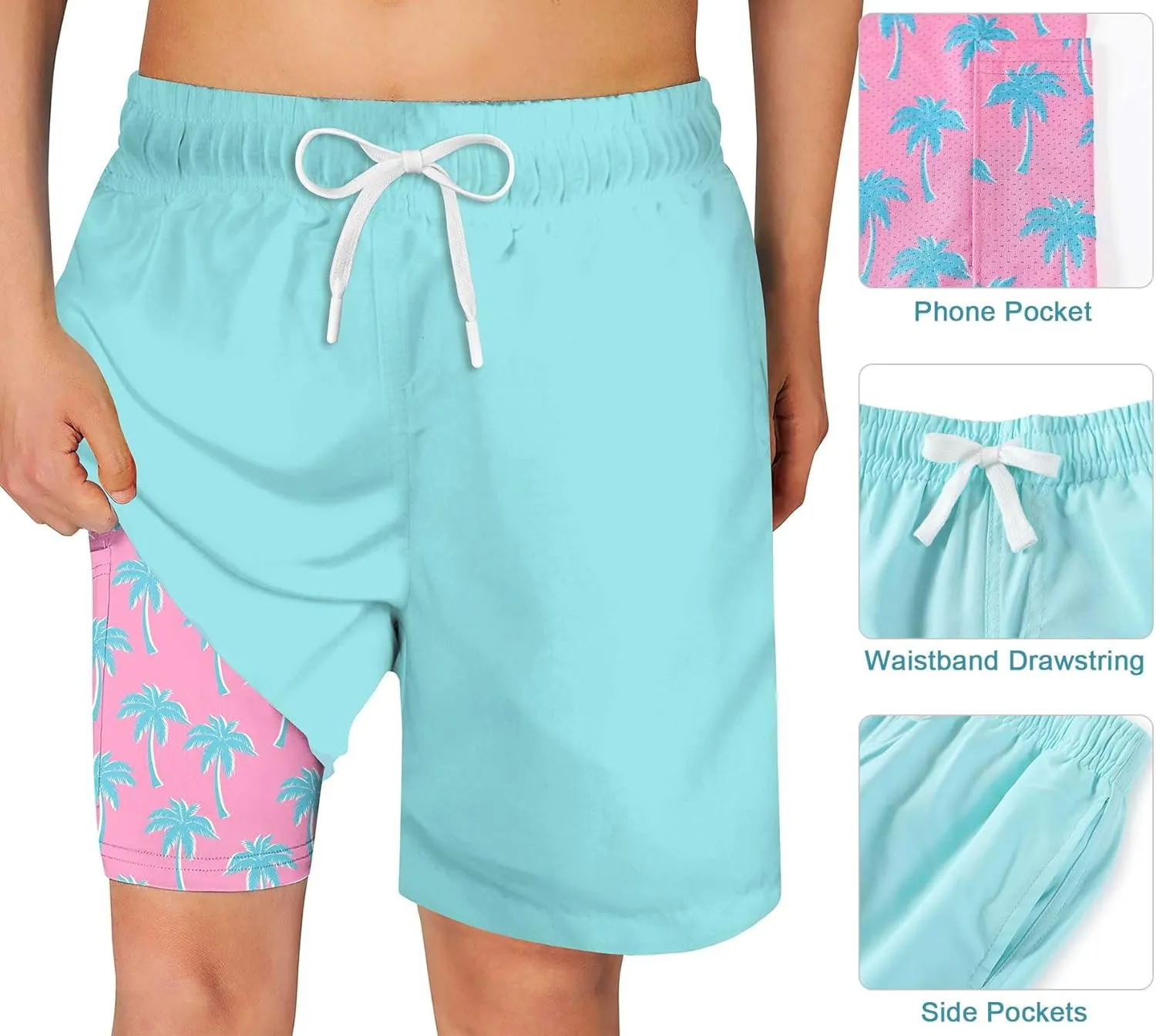 Swim Trumks for Boys 2 in 1 Bathing Suit Compress Board Shorts for 7-18T