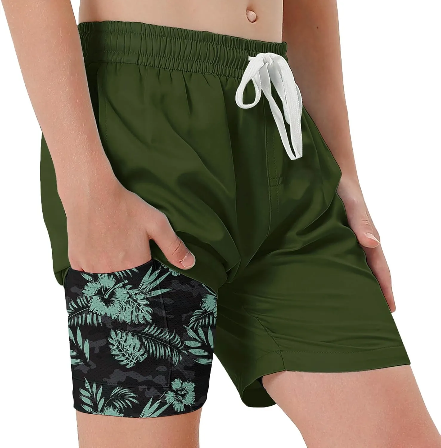 Swim Trumks for Boys 2 in 1 Bathing Suit Compress Board Shorts for 7-18T