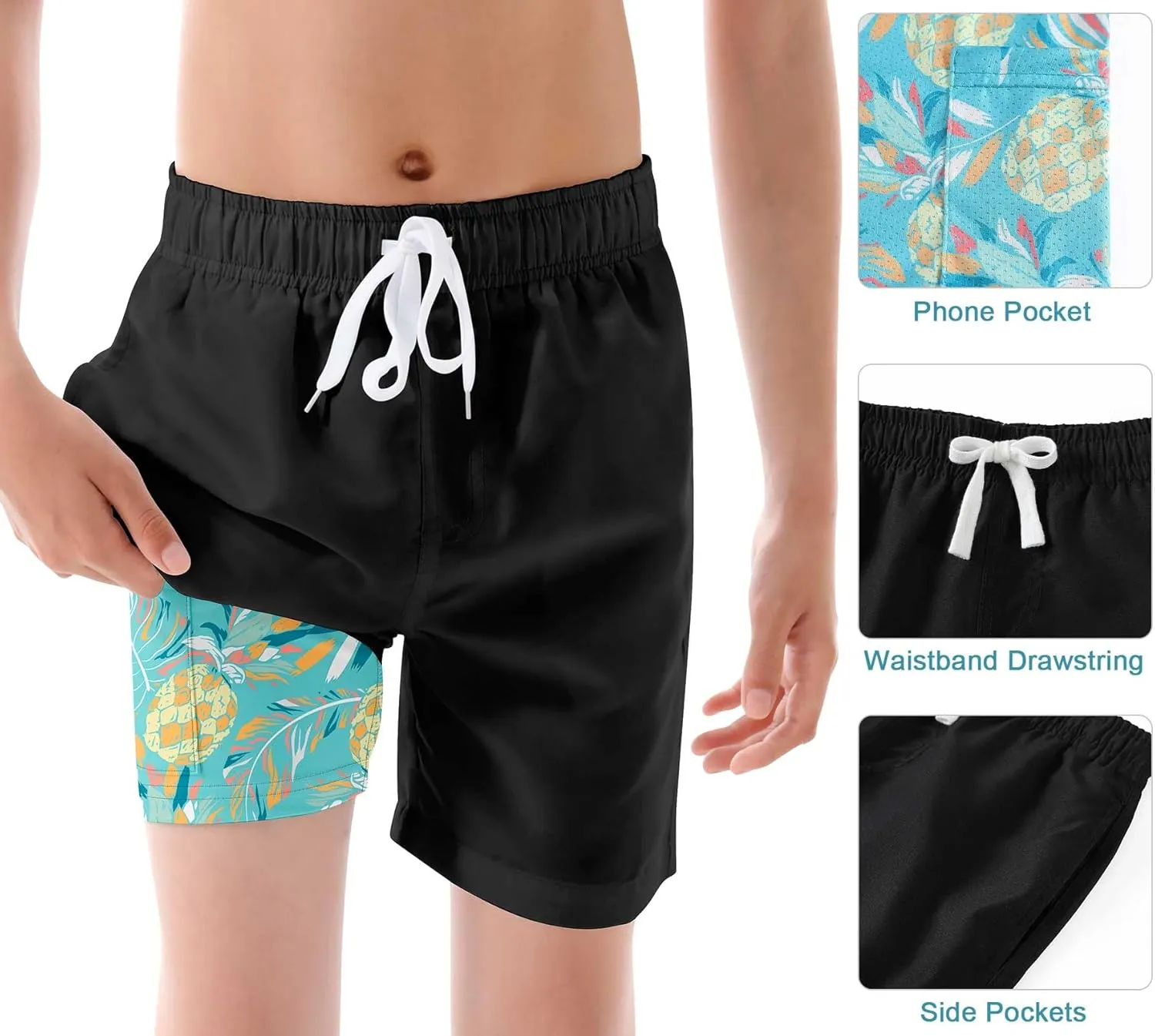 Swim Trumks for Boys 2 in 1 Bathing Suit Compress Board Shorts for 7-18T