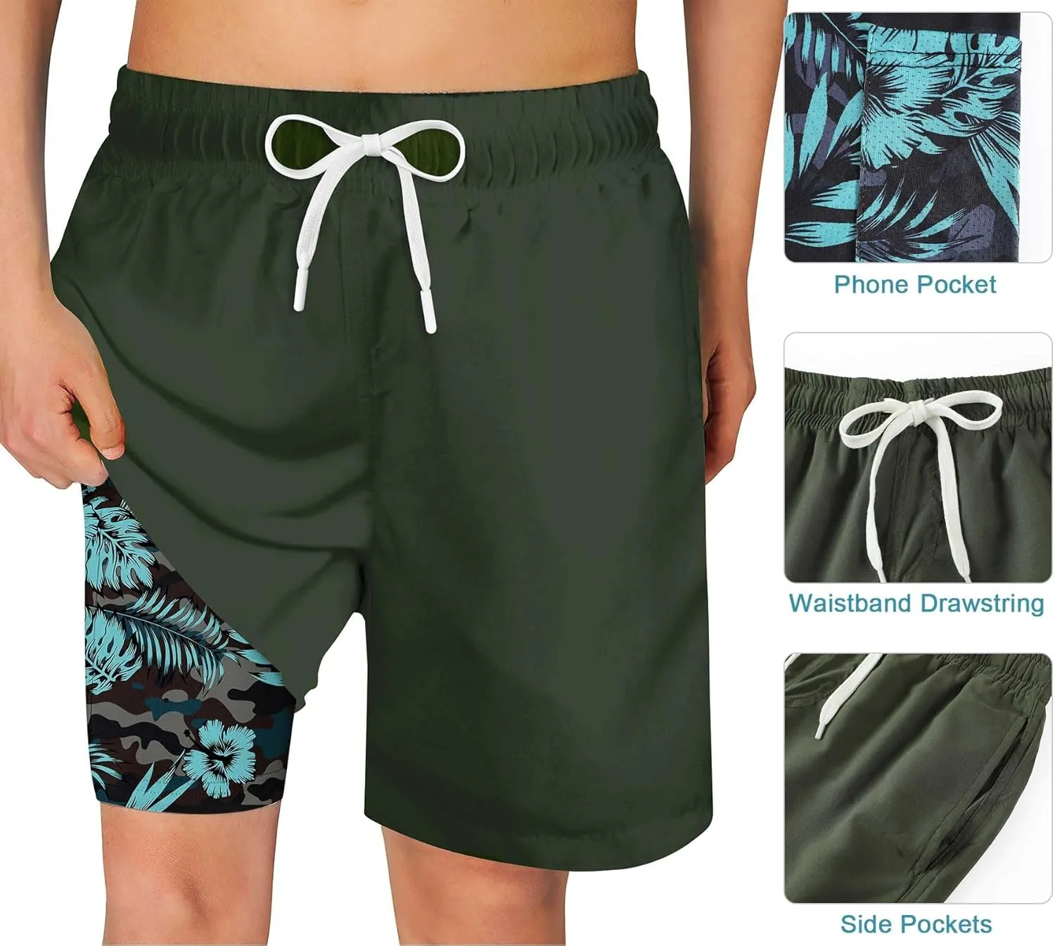 Swim Trumks for Boys 2 in 1 Bathing Suit Compress Board Shorts for 7-18T