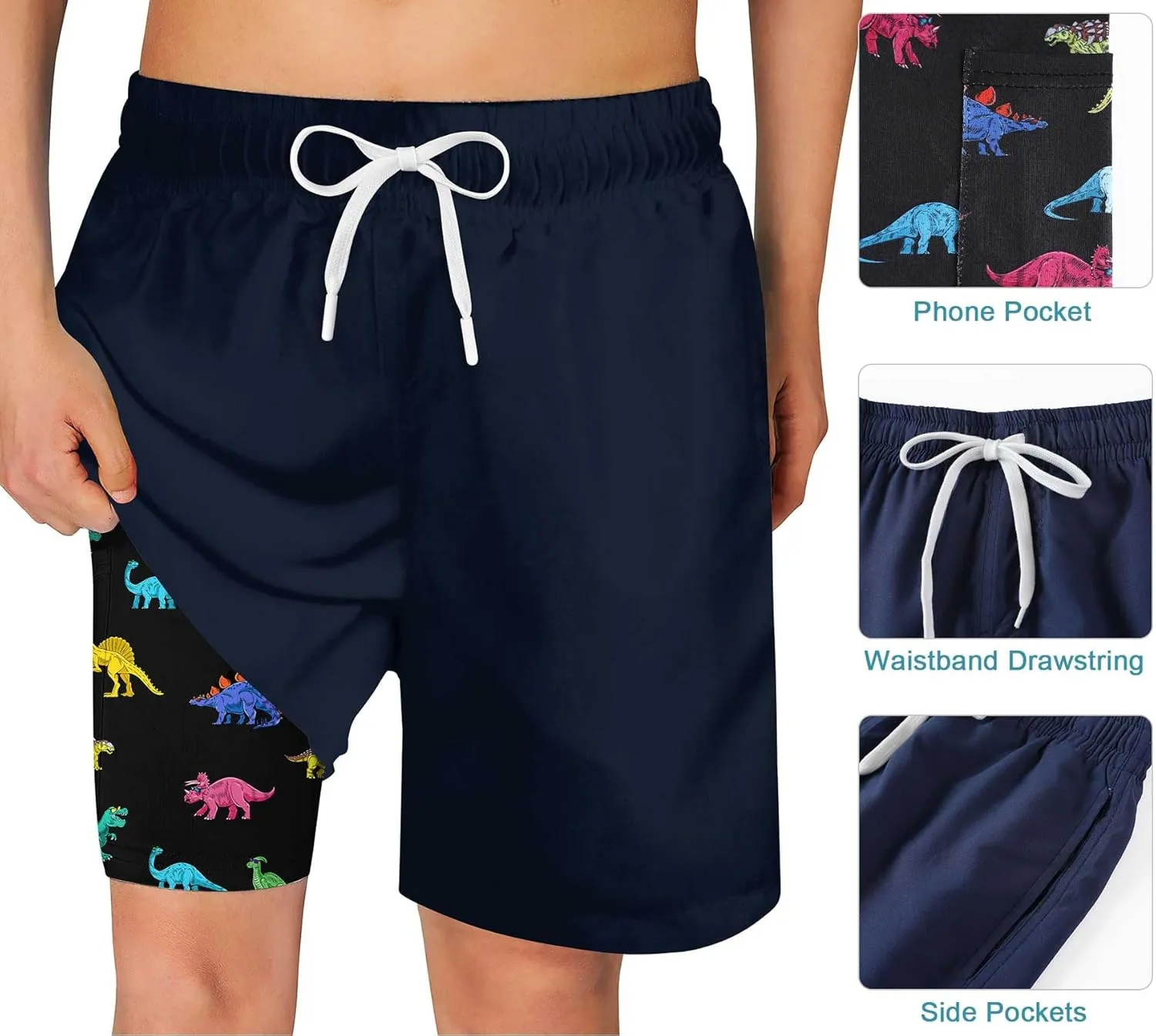 Swim Trumks for Boys 2 in 1 Bathing Suit Compress Board Shorts for 7-18T