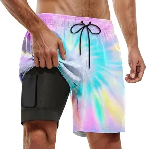 Swim Trunks for Men Compression Liner Big and Tall Quick Dry Surf Shorts Casual Tie-Dye Swimming Shorts with Pockets
