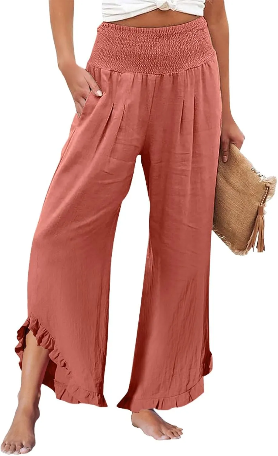 Wide Leg Linen Pants Women Flowy Smocked High Waisted Palazzo Pants Trousers Lounge Beach Pants with Pockets