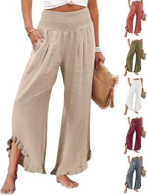Wide Leg Linen Pants Women Flowy Smocked High Waisted Palazzo Pants Trousers Lounge Beach Pants with Pockets