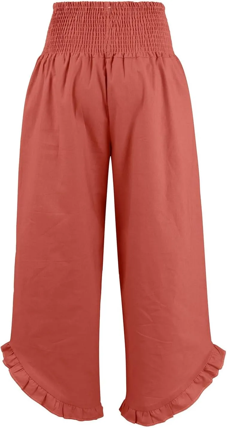 Wide Leg Linen Pants Women Flowy Smocked High Waisted Palazzo Pants Trousers Lounge Beach Pants with Pockets