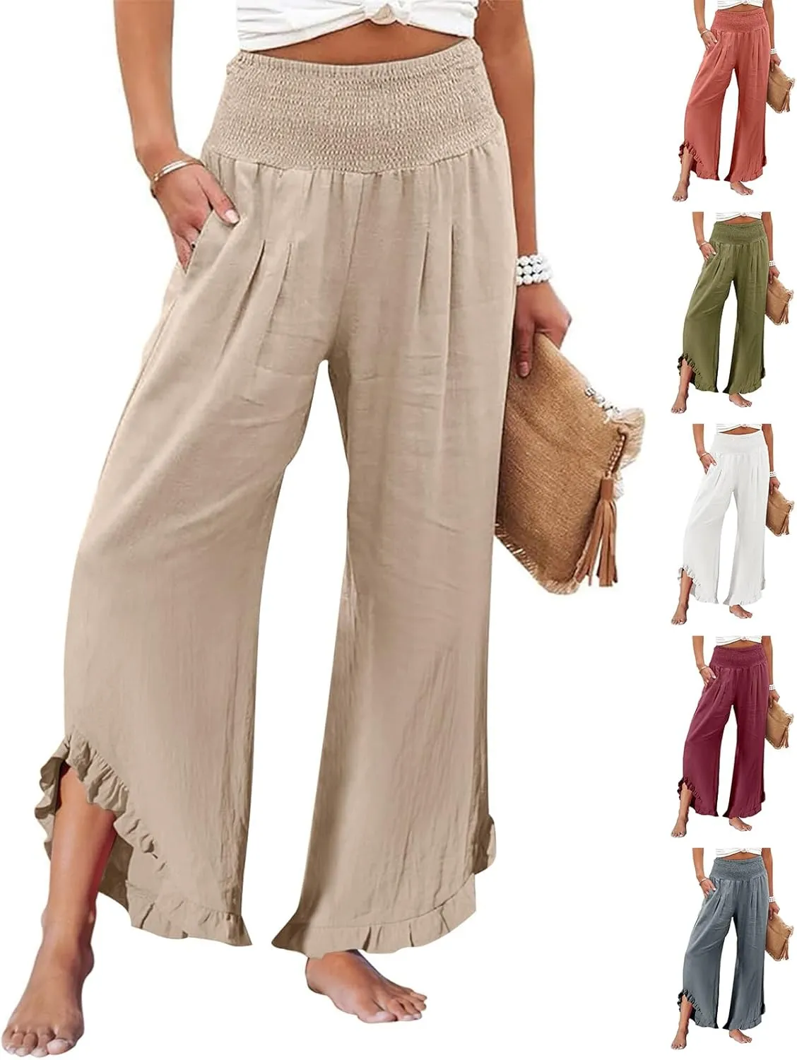 Wide Leg Linen Pants Women Flowy Smocked High Waisted Palazzo Pants Trousers Lounge Beach Pants with Pockets