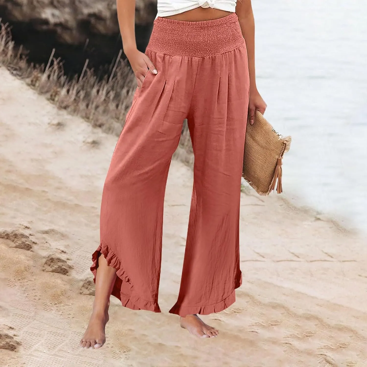 Wide Leg Linen Pants Women Flowy Smocked High Waisted Palazzo Pants Trousers Lounge Beach Pants with Pockets