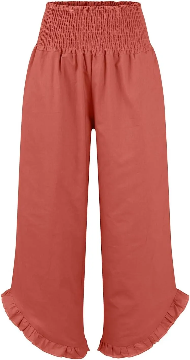 Wide Leg Linen Pants Women Flowy Smocked High Waisted Palazzo Pants Trousers Lounge Beach Pants with Pockets