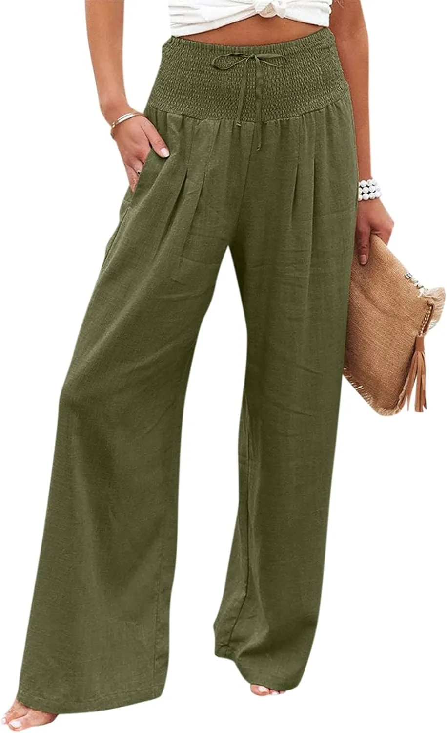 Women Linen Palazzo Pants Summer Boho Wide Leg High Waist Casual Lounge Pant 2025 Beach Travel Vacation Outfits