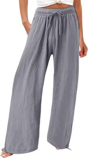 Women Linen Palazzo Pants Summer Boho Wide Leg High Waist Casual Lounge Pant 2025 Beach Travel Vacation Outfits