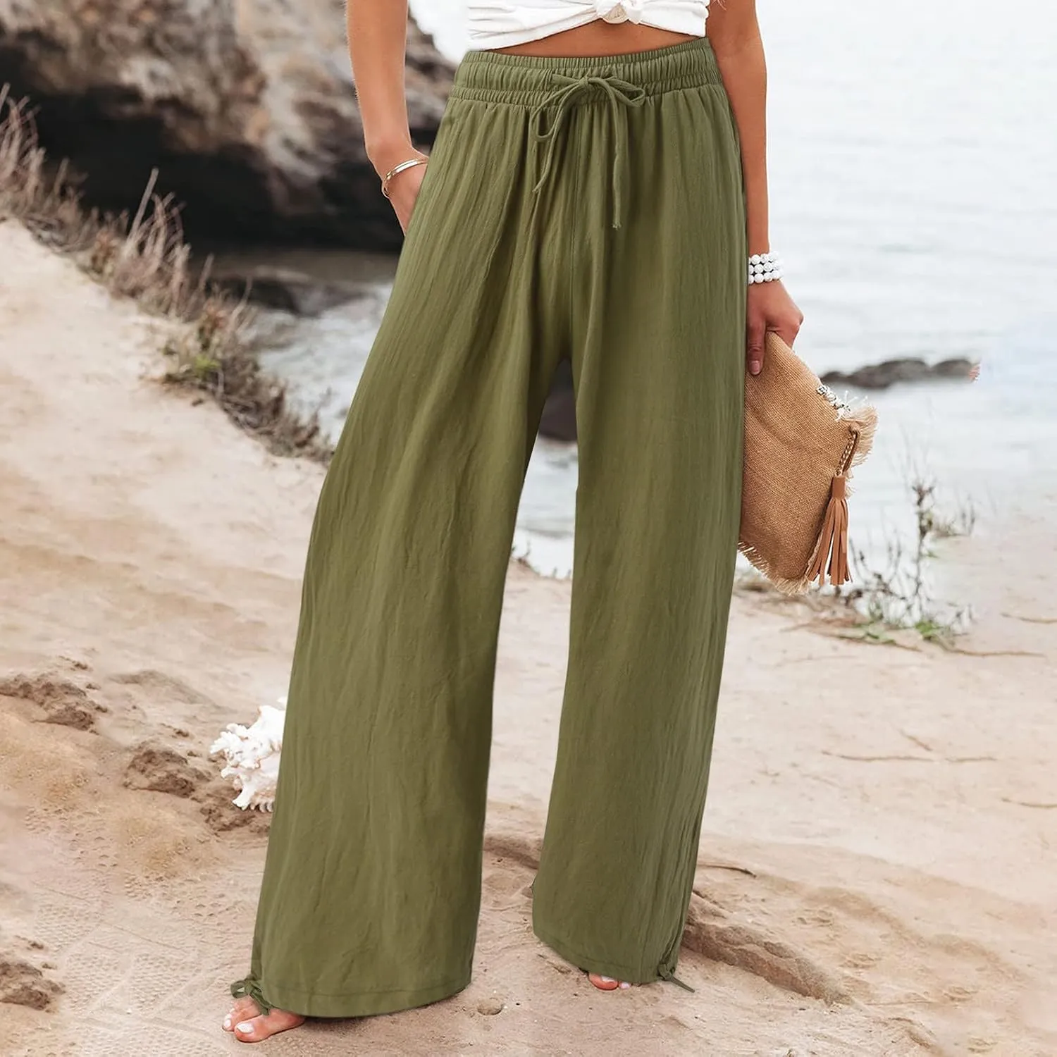 Women Linen Palazzo Pants Summer Boho Wide Leg High Waist Casual Lounge Pant 2025 Beach Travel Vacation Outfits