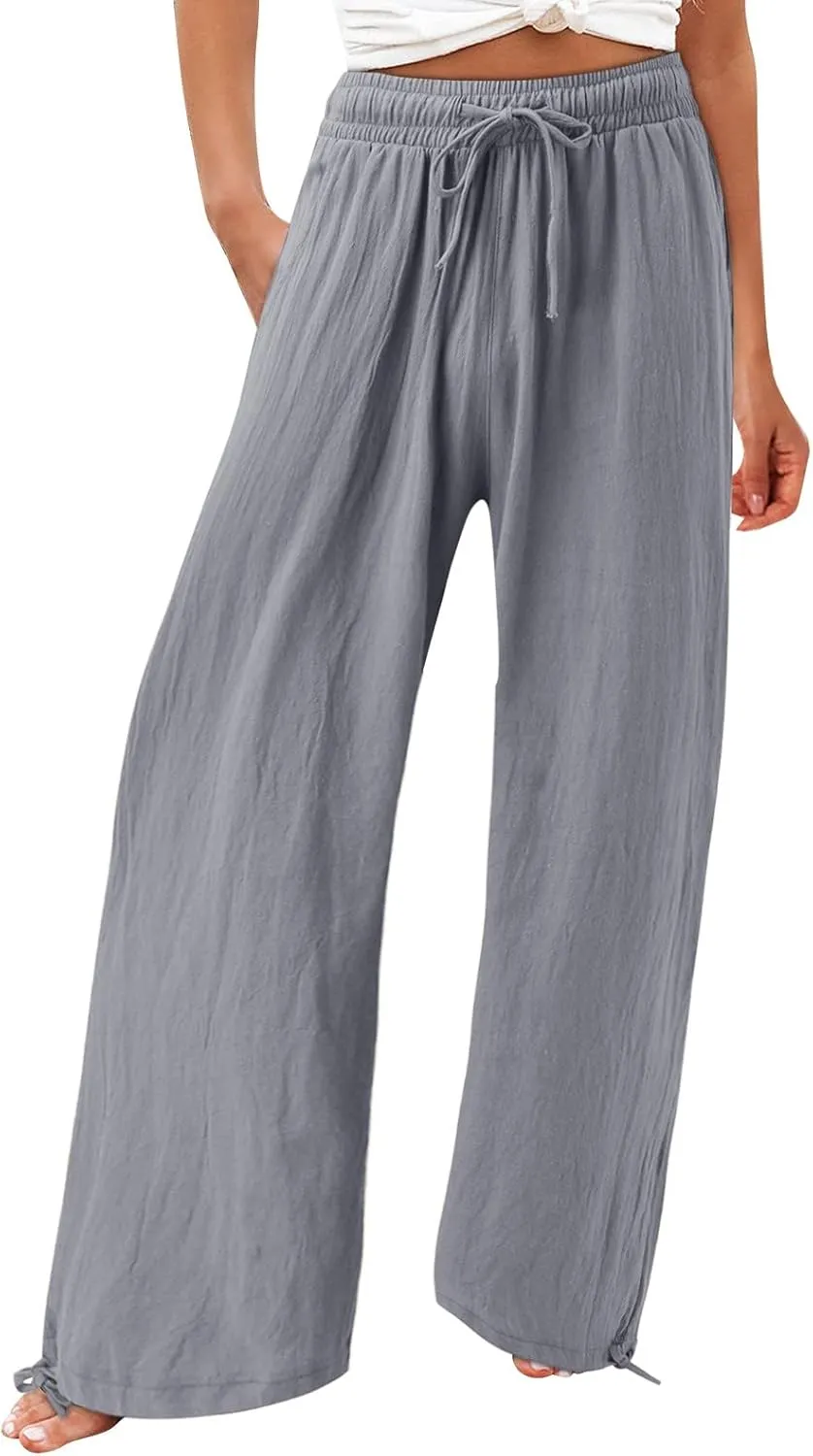 Women Linen Palazzo Pants Summer Boho Wide Leg High Waist Casual Lounge Pant 2025 Beach Travel Vacation Outfits