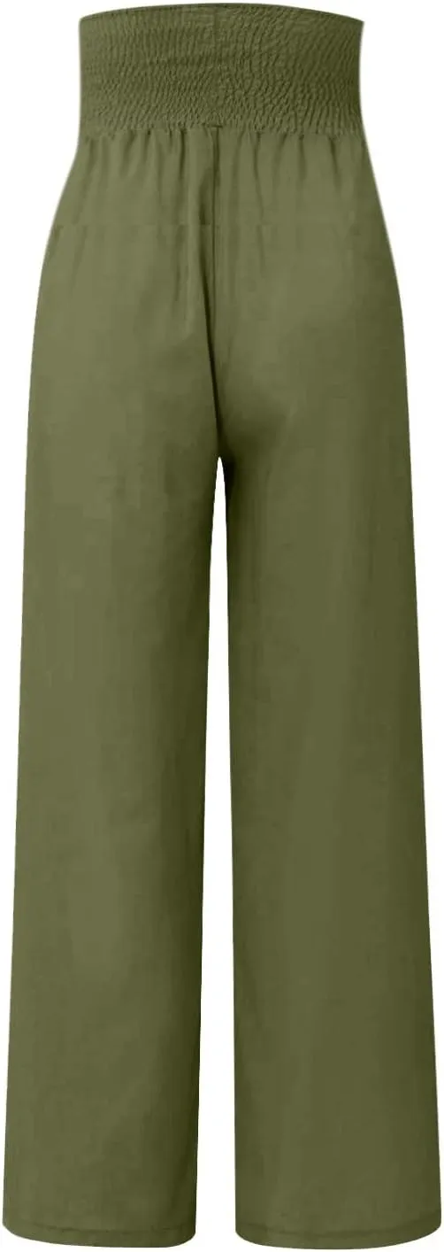 Women Linen Palazzo Pants Summer Boho Wide Leg High Waist Casual Lounge Pant 2025 Beach Travel Vacation Outfits