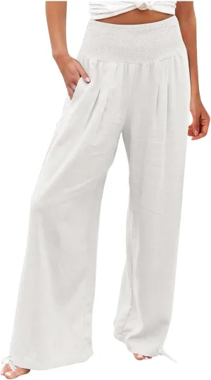 Women Linen Palazzo Pants Summer Boho Wide Leg High Waist Casual Lounge Pant 2025 Beach Travel Vacation Outfits
