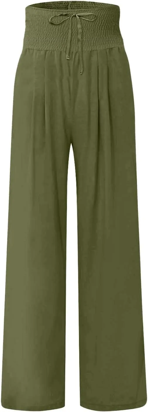 Women Linen Palazzo Pants Summer Boho Wide Leg High Waist Casual Lounge Pant 2025 Beach Travel Vacation Outfits