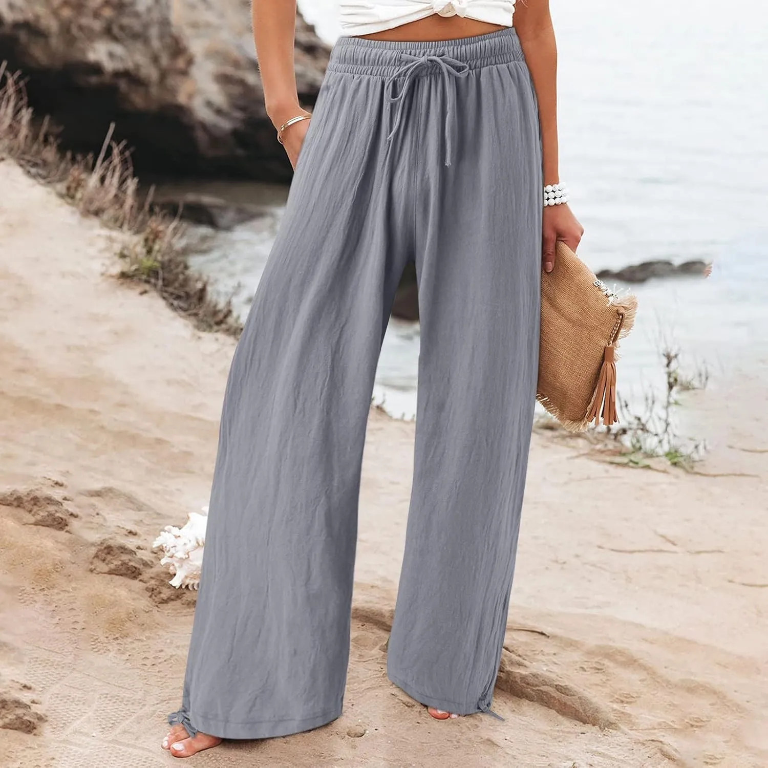 Women Linen Palazzo Pants Summer Boho Wide Leg High Waist Casual Lounge Pant 2025 Beach Travel Vacation Outfits