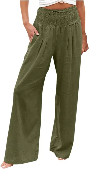 Women Linen Palazzo Pants Summer Boho Wide Leg High Waist Casual Lounge Pant 2025 Beach Travel Vacation Outfits