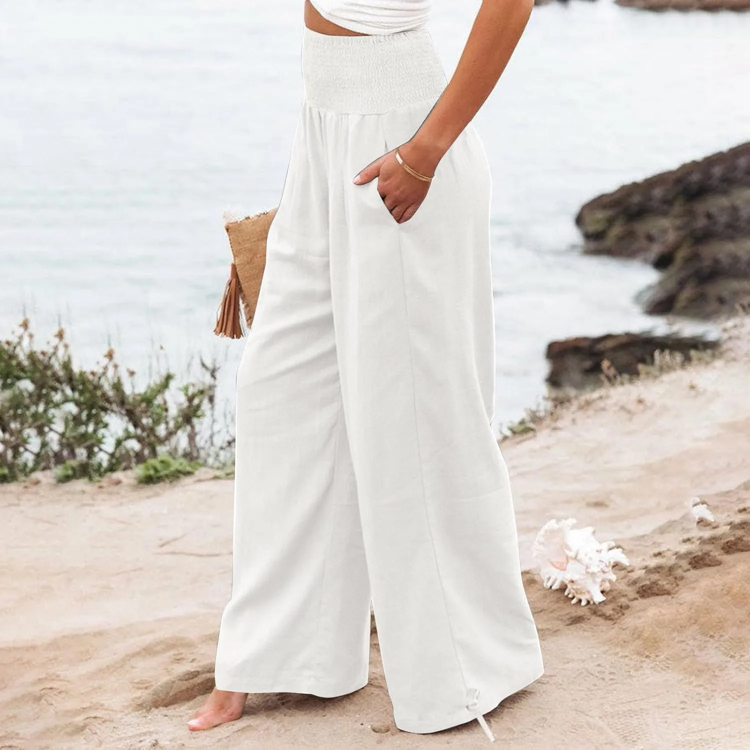 Women Linen Palazzo Pants Summer Boho Wide Leg High Waist Casual Lounge Pant 2025 Beach Travel Vacation Outfits