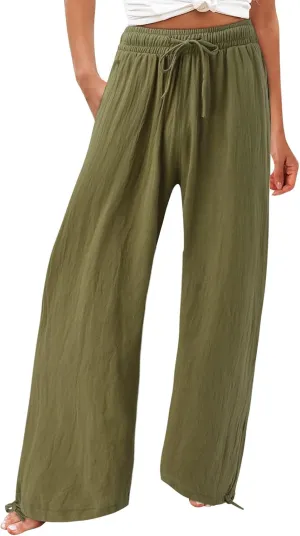 Women Linen Palazzo Pants Summer Boho Wide Leg High Waist Casual Lounge Pant 2025 Beach Travel Vacation Outfits