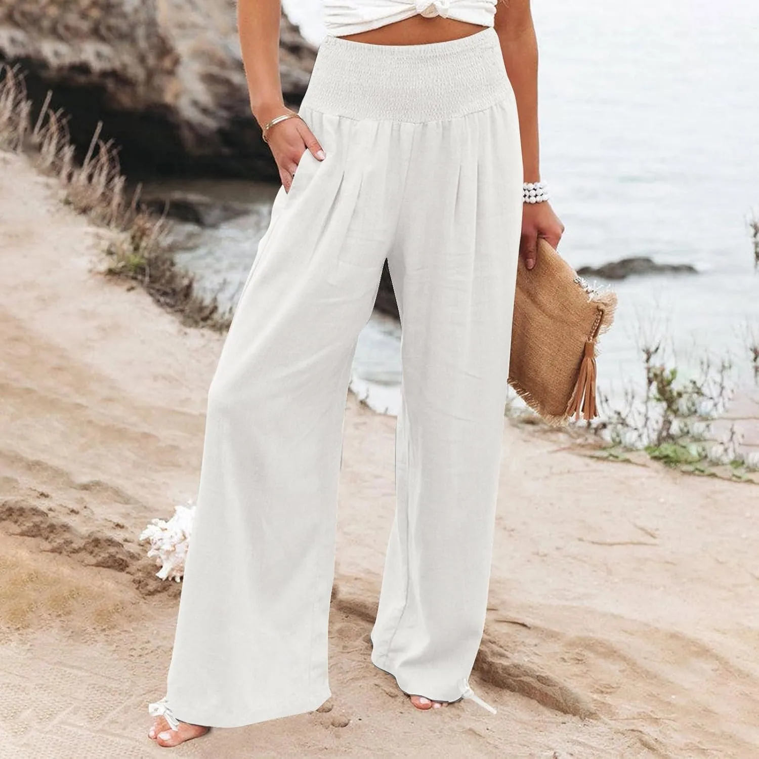 Women Linen Palazzo Pants Summer Boho Wide Leg High Waist Casual Lounge Pant 2025 Beach Travel Vacation Outfits