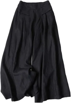 Women' s Culottes Linen Blend Wide Leg Pants Elastic Waist Casual Palazzo Trousers Solid Casual Loose Nine-Minute Pants