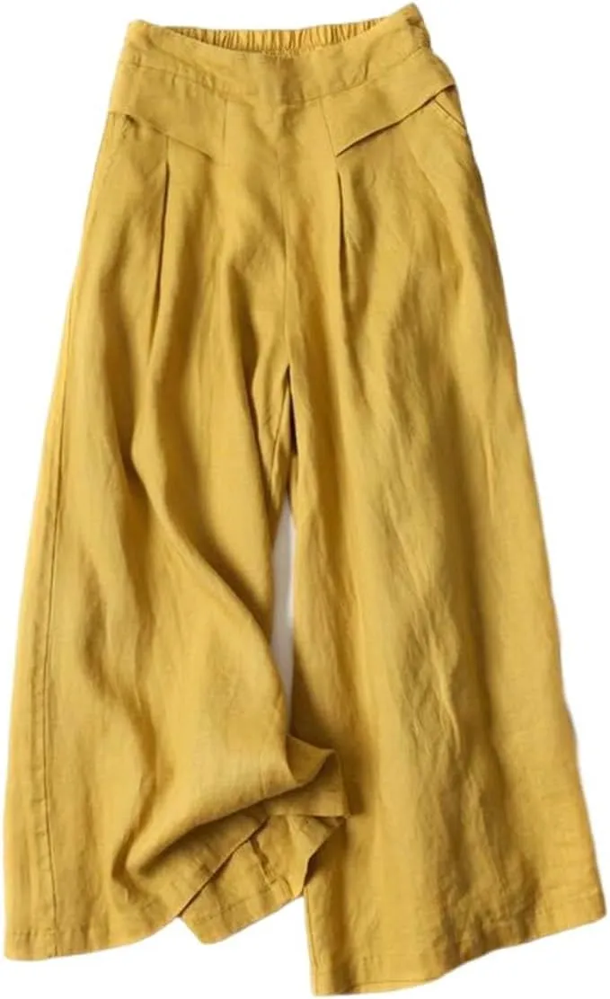 Women' s Culottes Linen Blend Wide Leg Pants Elastic Waist Casual Palazzo Trousers Solid Casual Loose Nine-Minute Pants