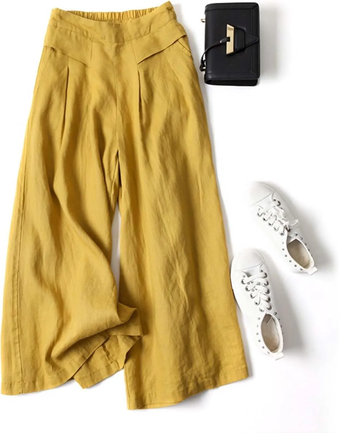 Women' s Culottes Linen Blend Wide Leg Pants Elastic Waist Casual Palazzo Trousers Solid Casual Loose Nine-Minute Pants