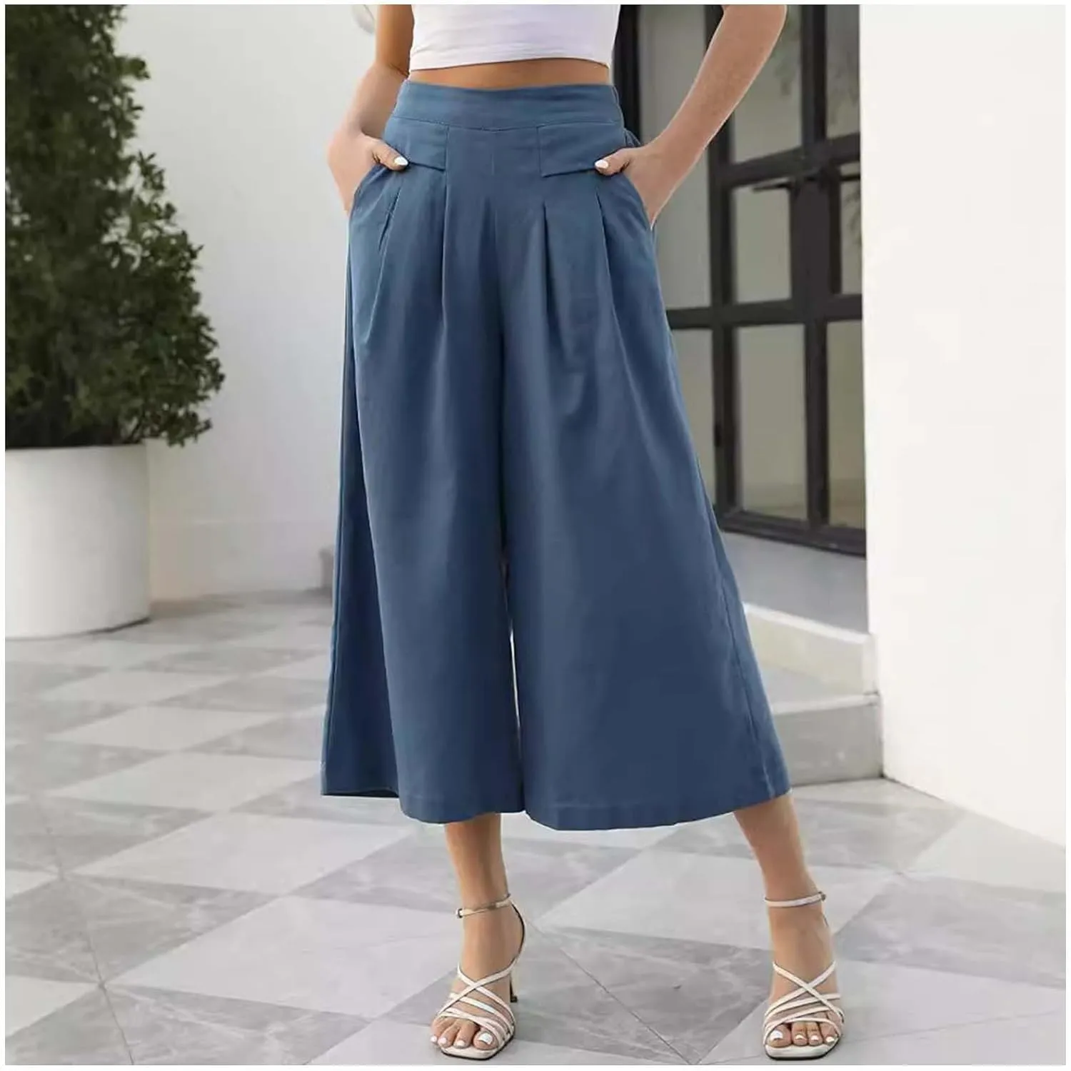 Women' s Culottes Linen Blend Wide Leg Pants Elastic Waist Casual Palazzo Trousers Solid Casual Loose Nine-Minute Pants