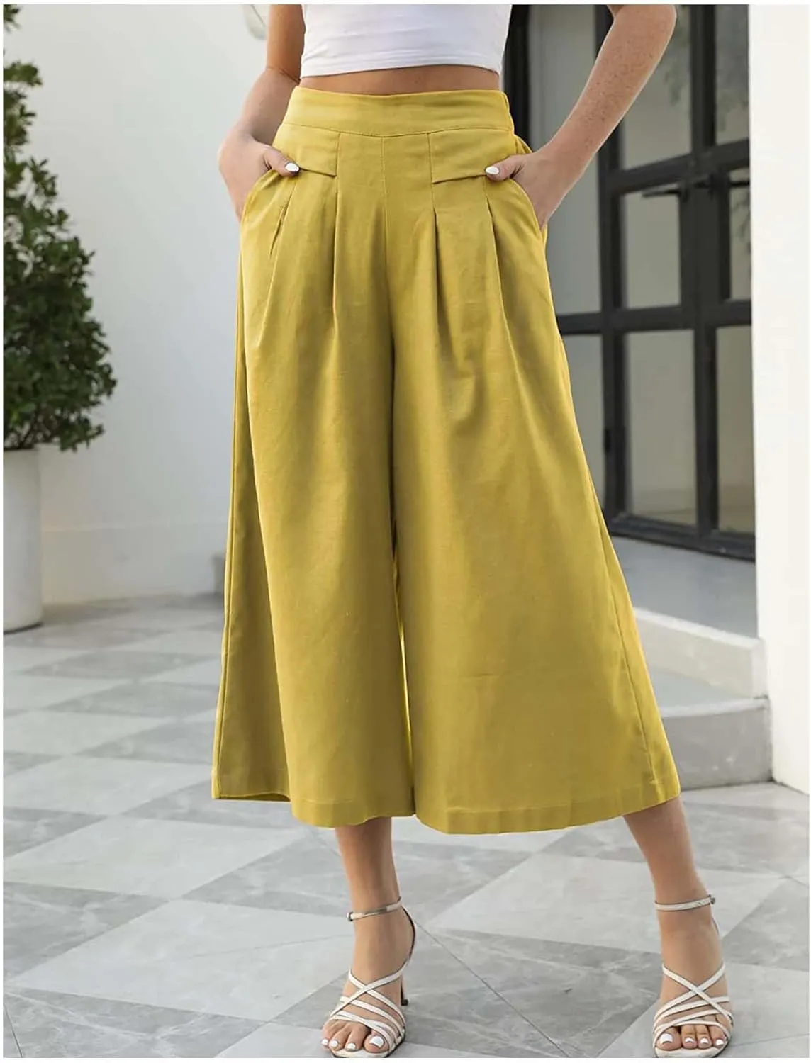 Women' s Culottes Linen Blend Wide Leg Pants Elastic Waist Casual Palazzo Trousers Solid Casual Loose Nine-Minute Pants