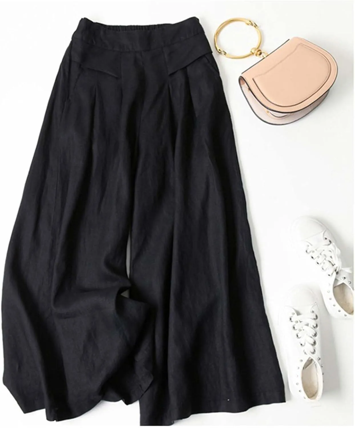 Women' s Culottes Linen Blend Wide Leg Pants Elastic Waist Casual Palazzo Trousers Solid Casual Loose Nine-Minute Pants