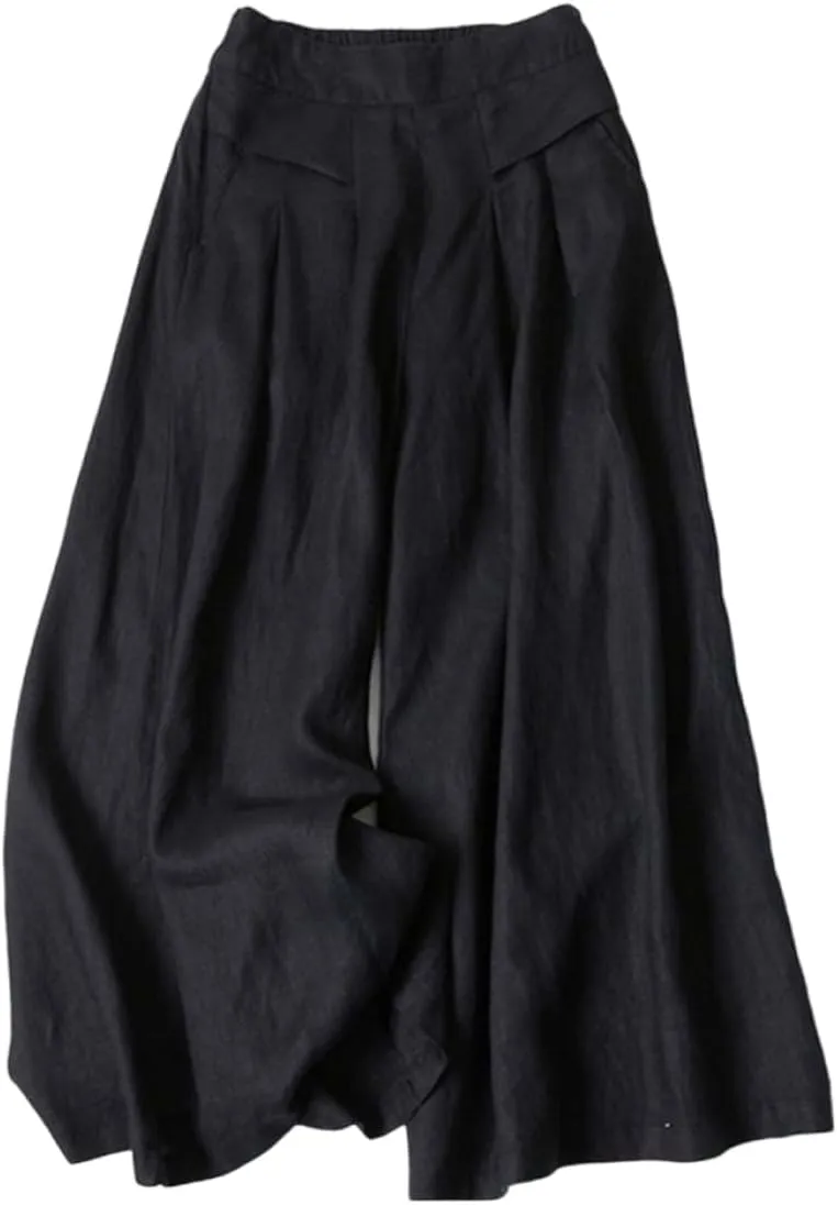 Women' s Culottes Linen Blend Wide Leg Pants Elastic Waist Casual Palazzo Trousers Solid Casual Loose Nine-Minute Pants
