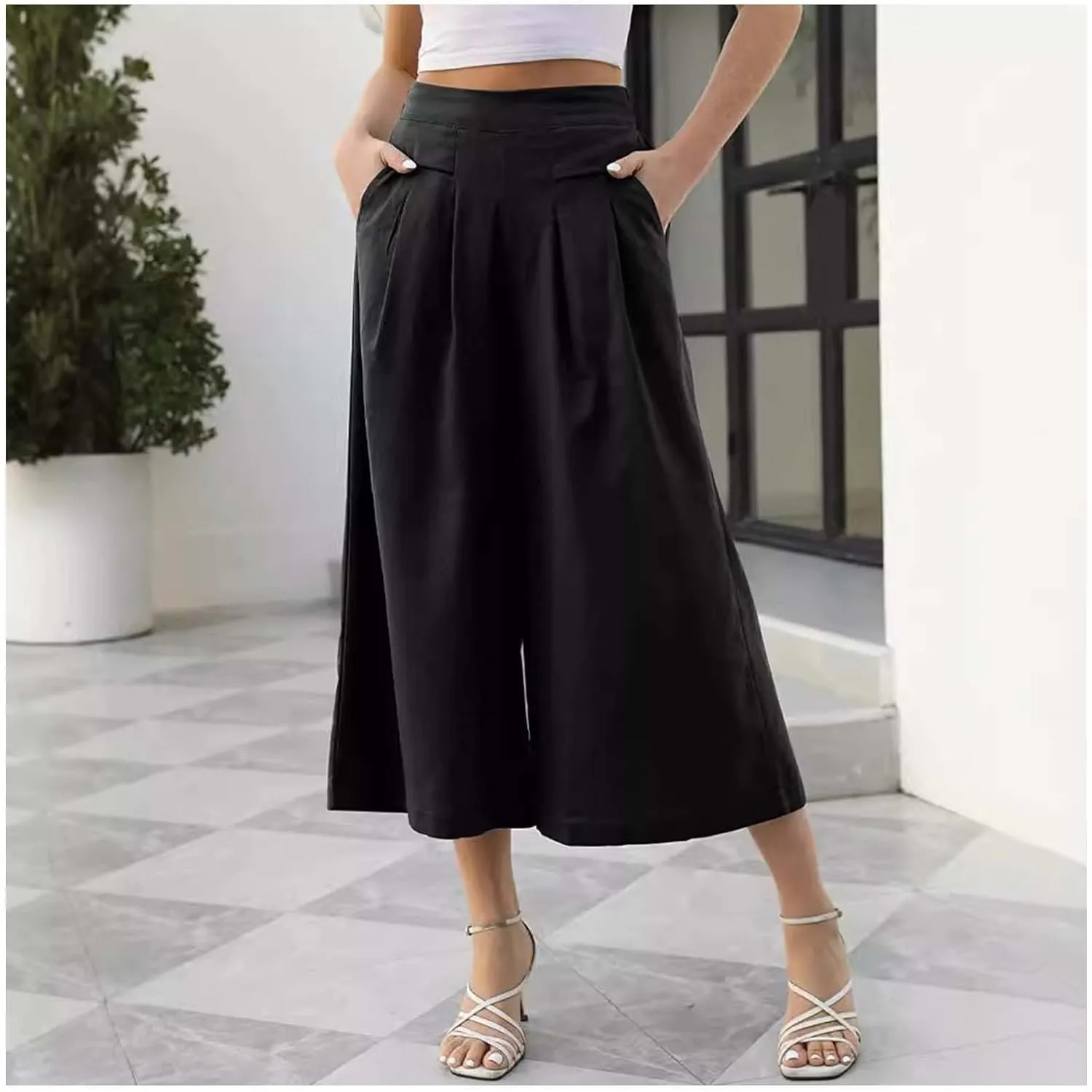Women' s Culottes Linen Blend Wide Leg Pants Elastic Waist Casual Palazzo Trousers Solid Casual Loose Nine-Minute Pants