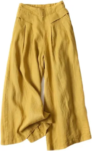 Women' s Culottes Linen Blend Wide Leg Pants Elastic Waist Casual Palazzo Trousers Solid Casual Loose Nine-Minute Pants