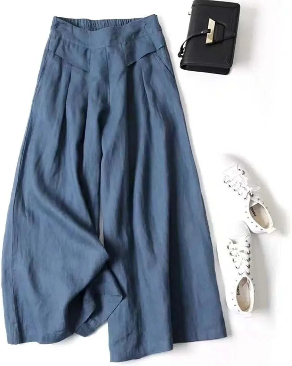 Women' s Culottes Linen Blend Wide Leg Pants Elastic Waist Casual Palazzo Trousers Solid Casual Loose Nine-Minute Pants