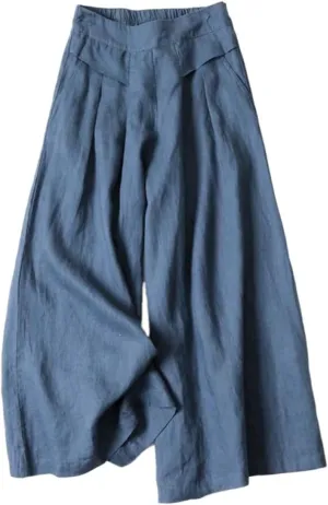 Women' s Culottes Linen Blend Wide Leg Pants Elastic Waist Casual Palazzo Trousers Solid Casual Loose Nine-Minute Pants