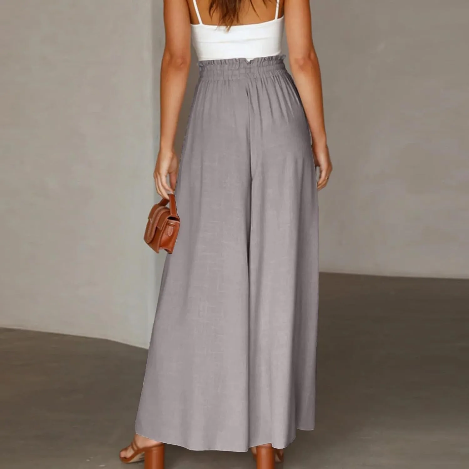Womens Flowy Pants Wide Leg Elastic Waisted Chiffon Baggy Long Lounge Trousers Beach Vacation Pant with Pockets