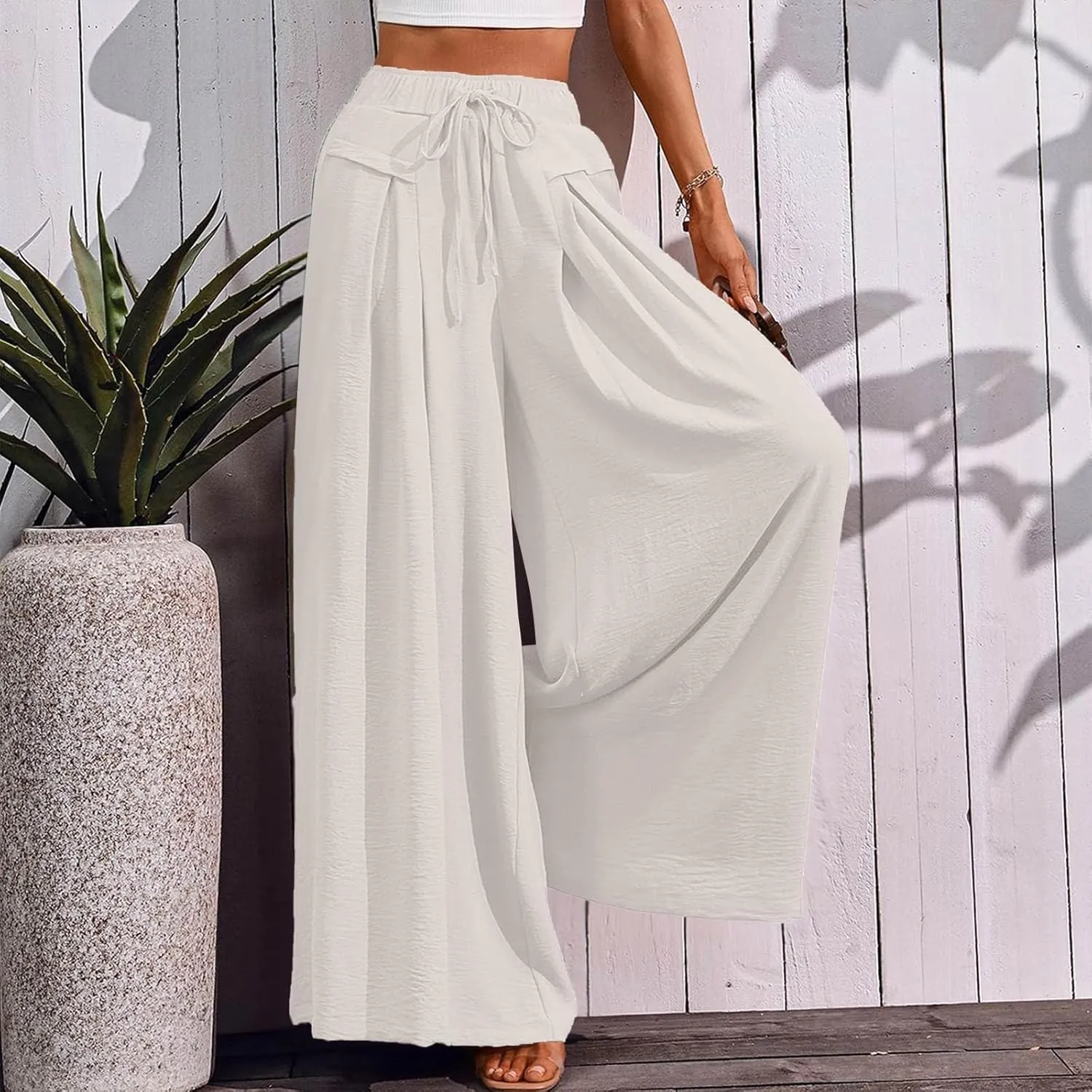 Womens Flowy Pants Wide Leg Elastic Waisted Chiffon Baggy Long Lounge Trousers Beach Vacation Pant with Pockets