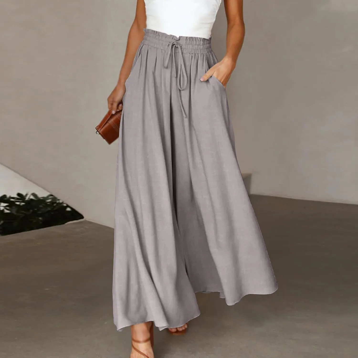 Womens Flowy Pants Wide Leg Elastic Waisted Chiffon Baggy Long Lounge Trousers Beach Vacation Pant with Pockets