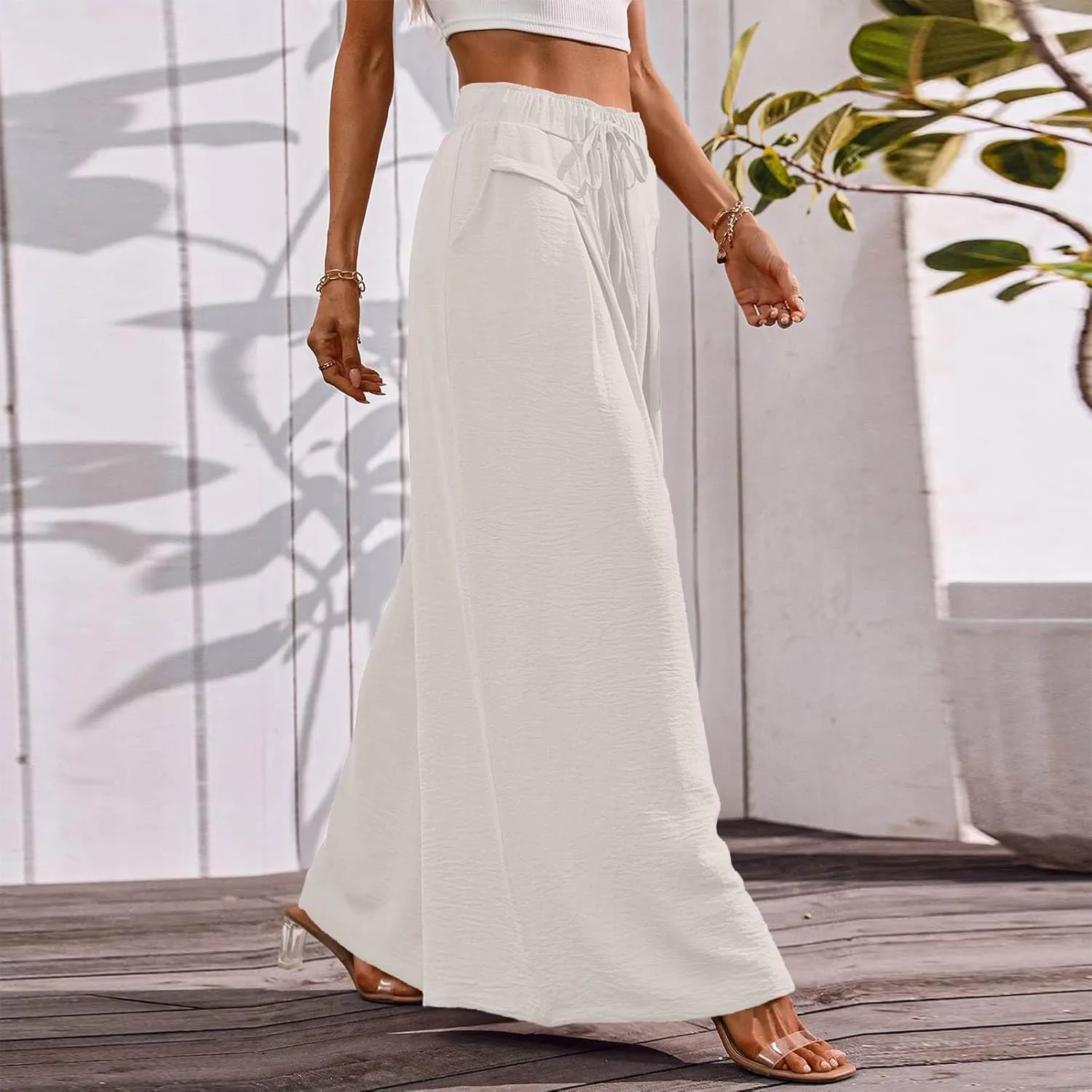 Womens Flowy Pants Wide Leg Elastic Waisted Chiffon Baggy Long Lounge Trousers Beach Vacation Pant with Pockets