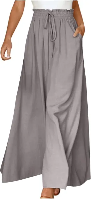 Womens Flowy Pants Wide Leg Elastic Waisted Chiffon Baggy Long Lounge Trousers Beach Vacation Pant with Pockets