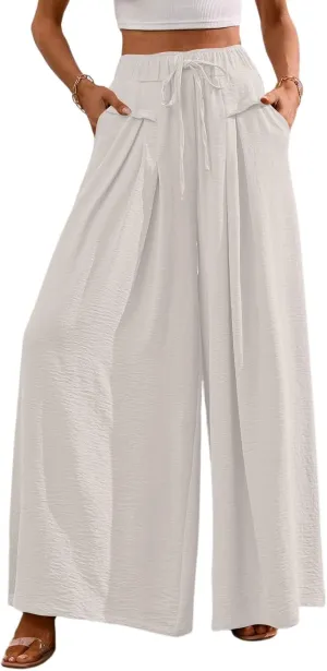 Womens Flowy Pants Wide Leg Elastic Waisted Chiffon Baggy Long Lounge Trousers Beach Vacation Pant with Pockets