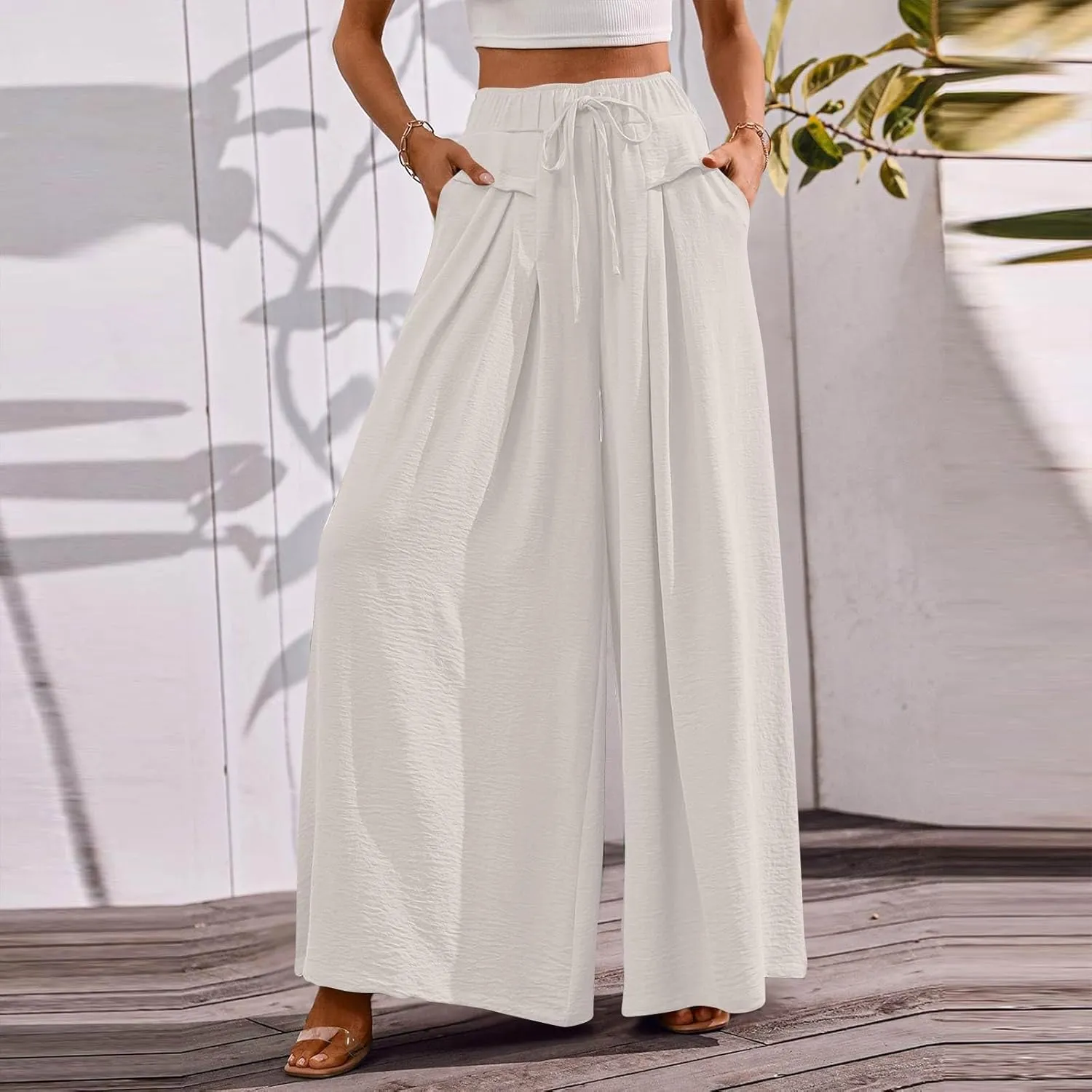 Womens Flowy Pants Wide Leg Elastic Waisted Chiffon Baggy Long Lounge Trousers Beach Vacation Pant with Pockets