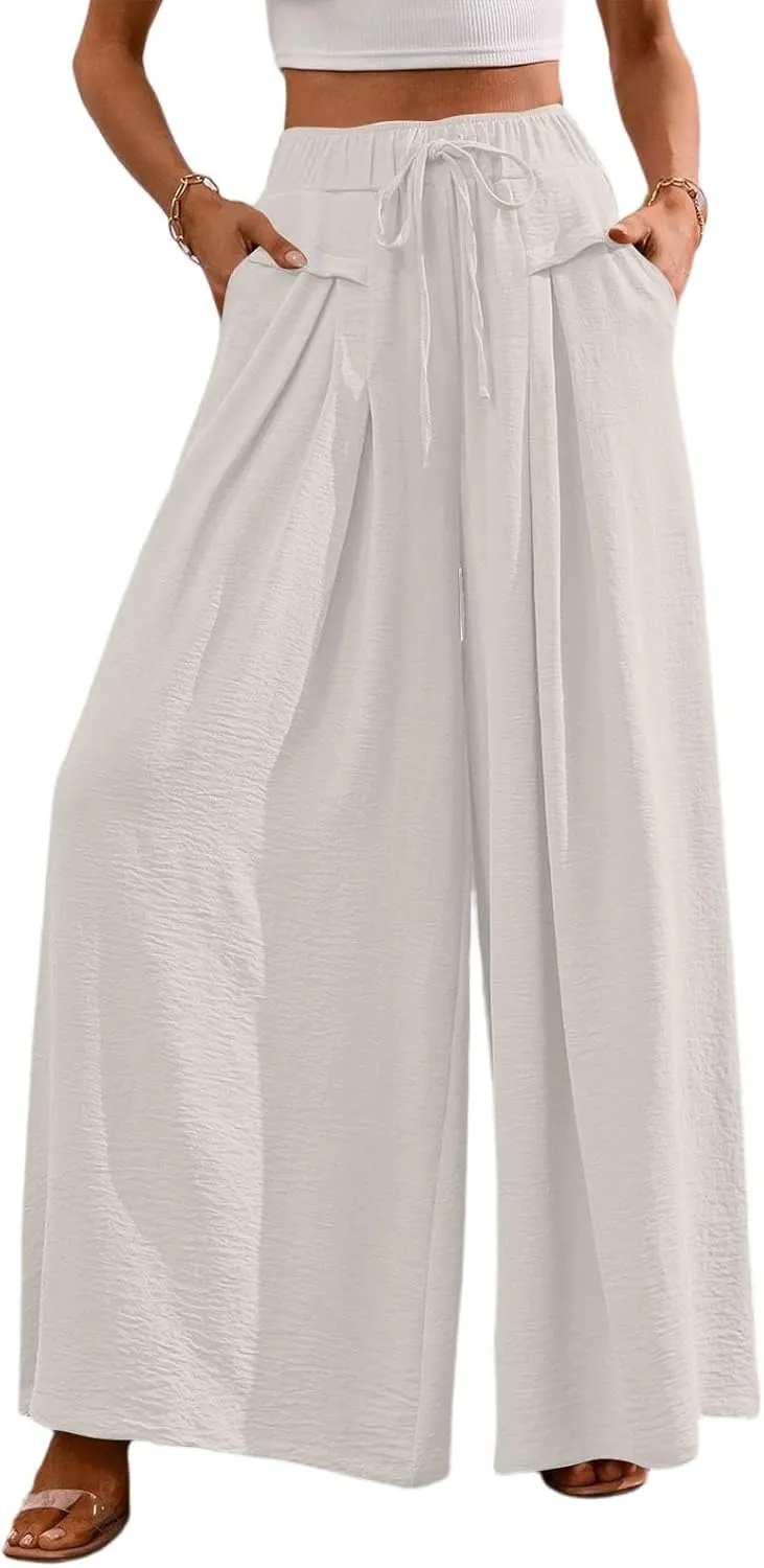 Womens Flowy Pants Wide Leg Elastic Waisted Chiffon Baggy Long Lounge Trousers Beach Vacation Pant with Pockets