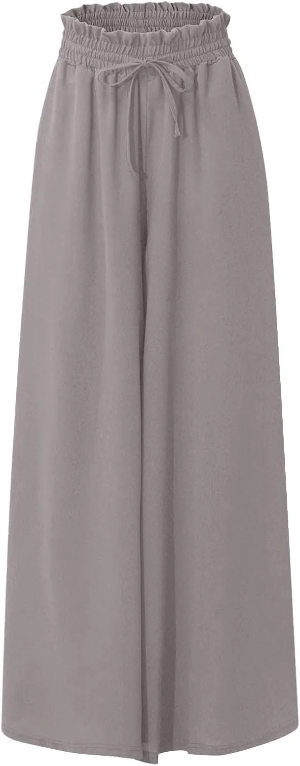Womens Flowy Pants Wide Leg Elastic Waisted Chiffon Baggy Long Lounge Trousers Beach Vacation Pant with Pockets