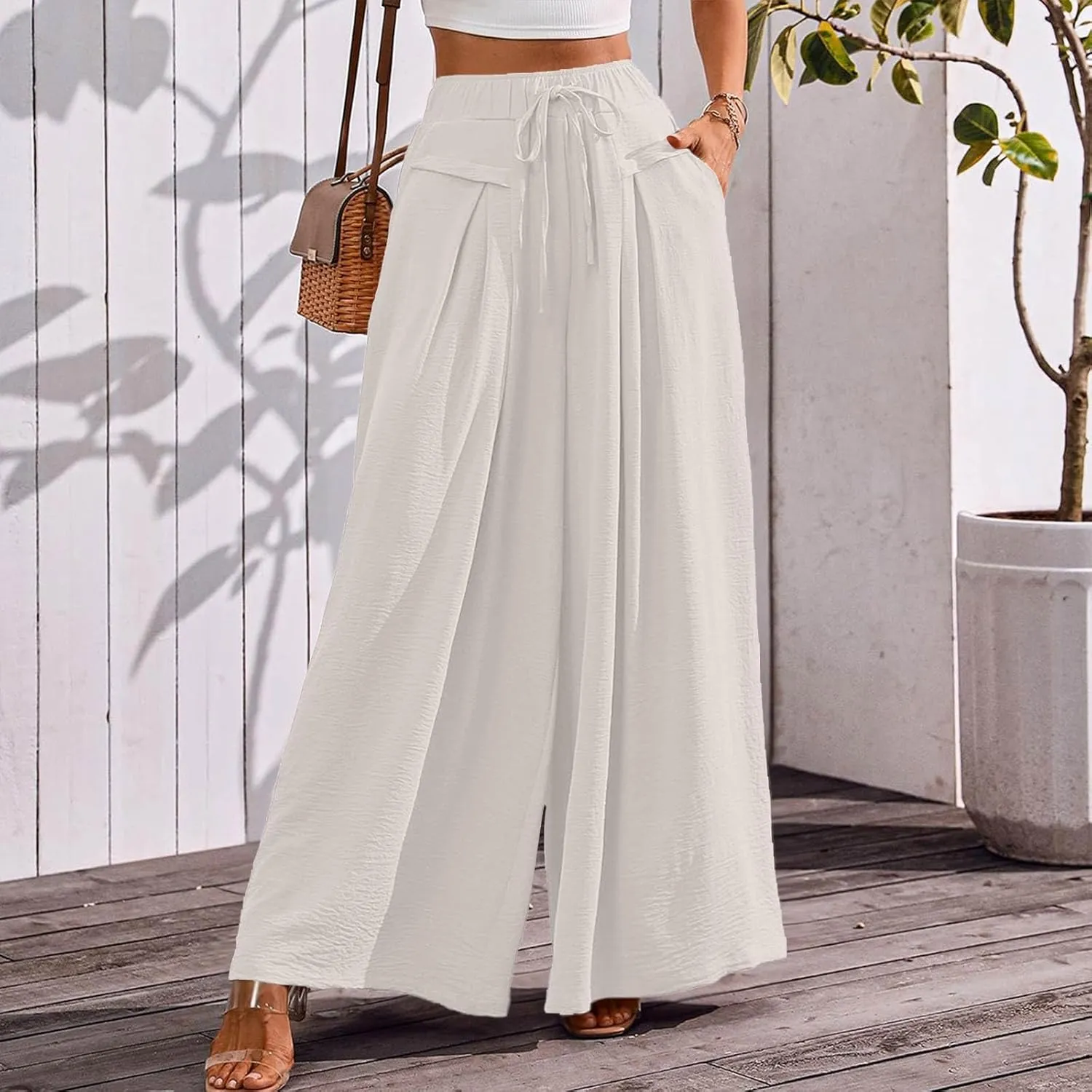 Womens Flowy Pants Wide Leg Elastic Waisted Chiffon Baggy Long Lounge Trousers Beach Vacation Pant with Pockets