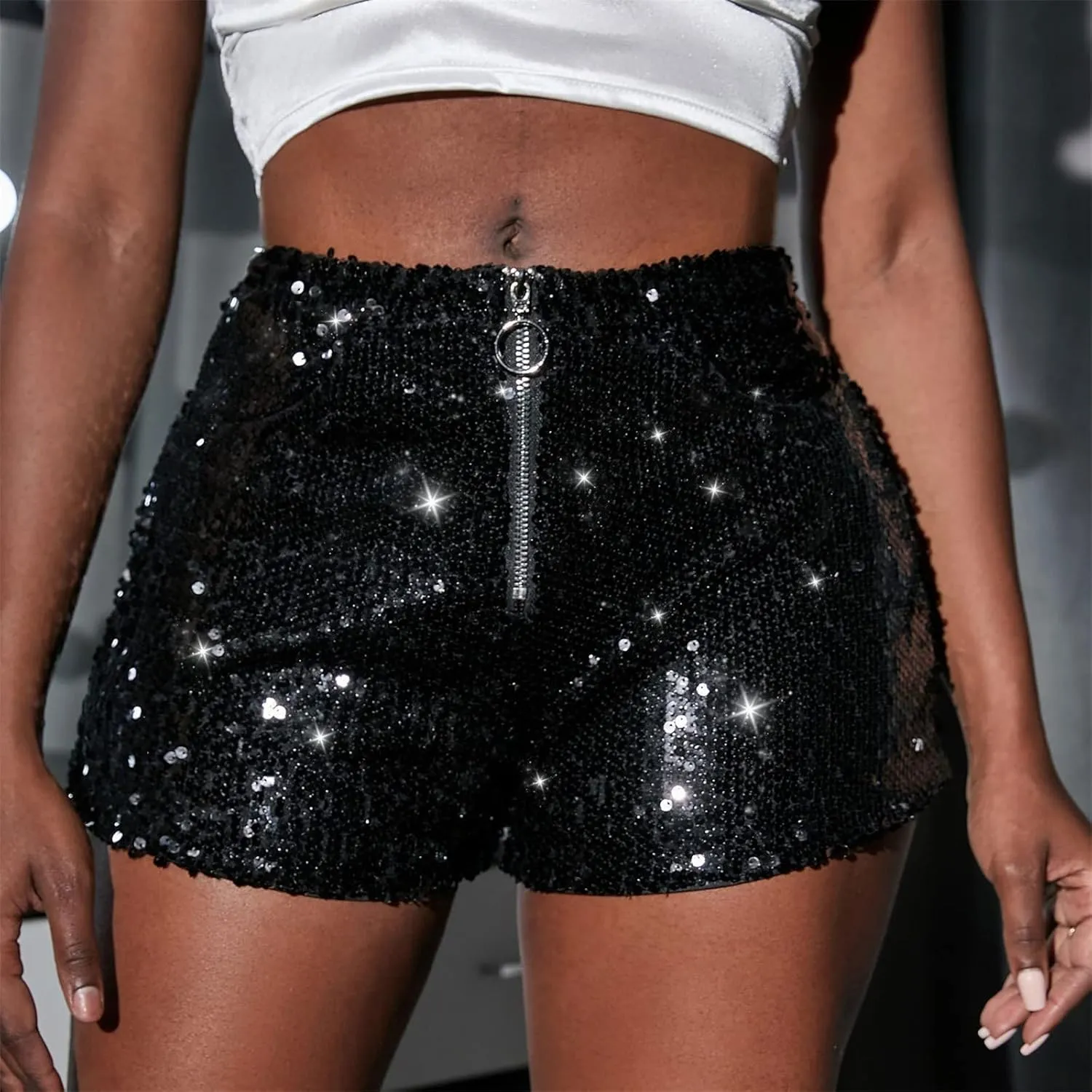 Women's High Waisted Sequin Shorts for Ladies Elastic Straight Leg Sparkly Glitter Party Shorts Fashion Clothes 2023