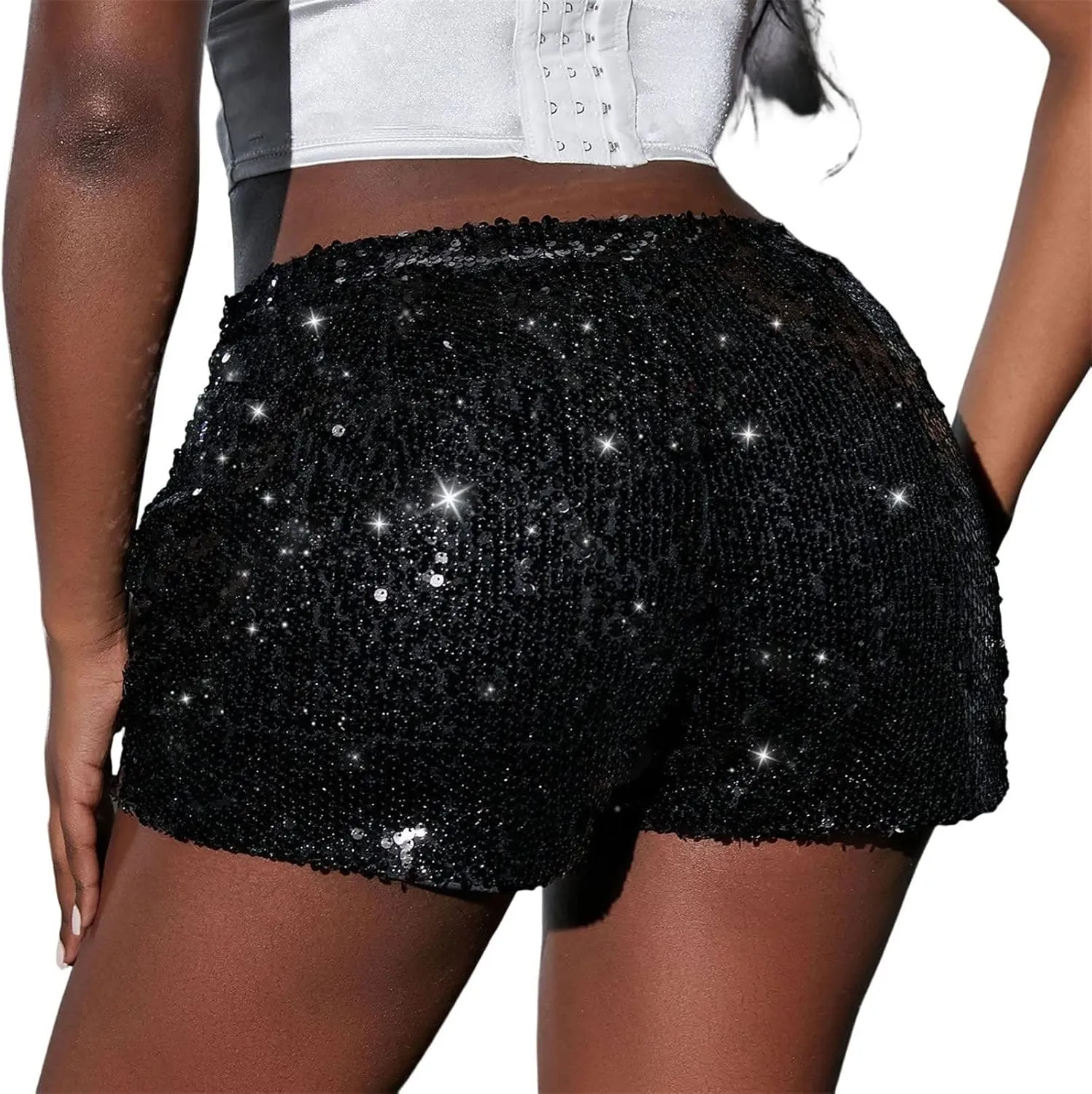 Women's High Waisted Sequin Shorts for Ladies Elastic Straight Leg Sparkly Glitter Party Shorts Fashion Clothes 2023